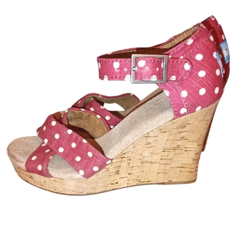 TOMS Red Polka dot Strappy wedge shoes size W5 NWT